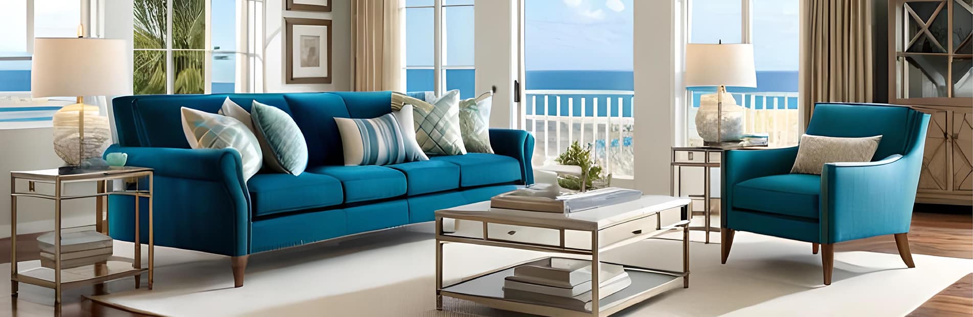 Interior design of a coastal themed living room, evoking a beach Contact Us